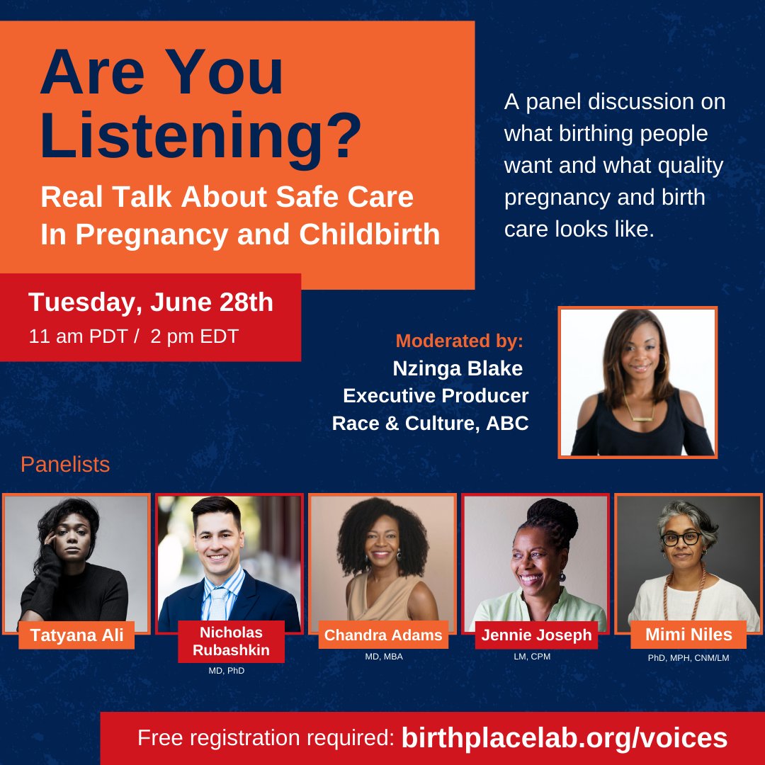 What do birthing people want from their care? Panel discussion on what quality #pregnancy &amp; #birth care looks like. Moderated by <a href="/NzingaBlake/">Nzinga Blake</a> w/panelists <a href="/TatyanaAli/">Tatyana Ali</a>, <a href="/JennieJoseph/">Jennie Joseph</a>, Dr. Chandra Adams, <a href="/NRubashkin/">Nicholas Rubashkin</a> &amp; <a href="/mi_niles/">Mimi Niles, Midwife, PhD, MPH</a> Free: birthplacelab.org/voices