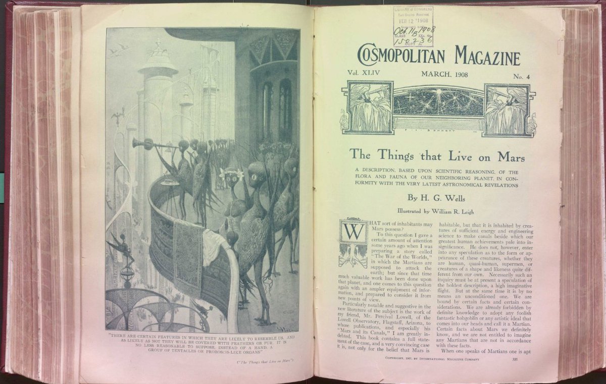 Recordado por "La guerra de los mundos", H. G. Wells también escribió un artículo en 1907 en "The Cosmopolitan Magazine" sobre los posibles habitantes de Marte. La ilustración los representa con ojos grandes y desgarbados (por la baja gravedad allí).
#CulturaCCosmosVida
📷 LOC
