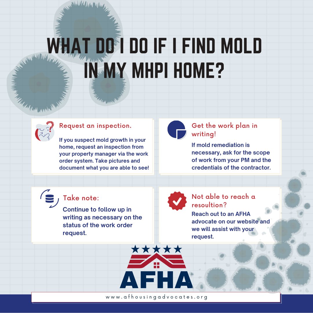AFHAorg's tweet photo. If you find mold while living in privatized military housing, don’t delay reporting it. AFHA has several advocate professionals experienced in handling environmental hazards cases. #endmhpi #toxicexposures #mold #military #militaryfamily https://t.co/RbfvuXkbnG