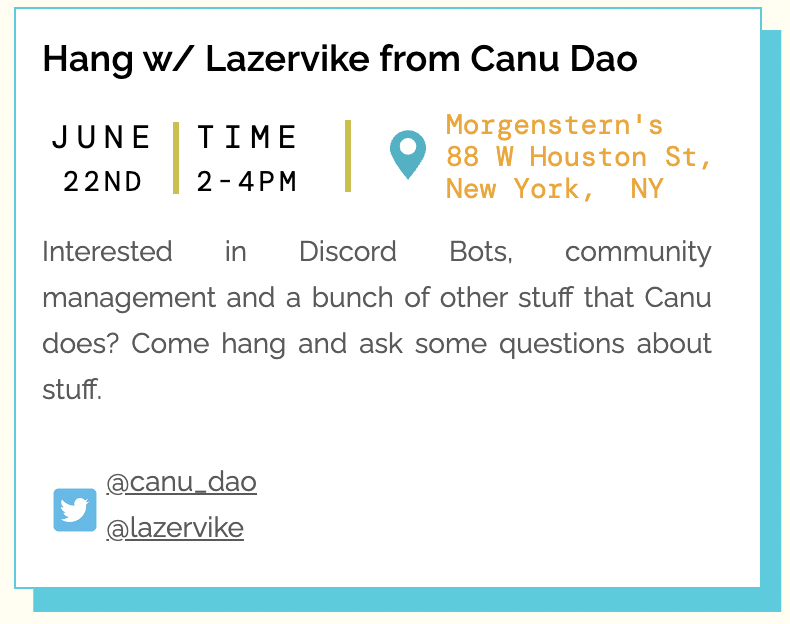 lazervike's tweet photo. Will hanging out with @juiceboxETH at NFT NYC, speaking for @canu_dao but will probably shill you @FWBtweets and @CafeteriaDAO as well https://t.co/hszd7TFjA0