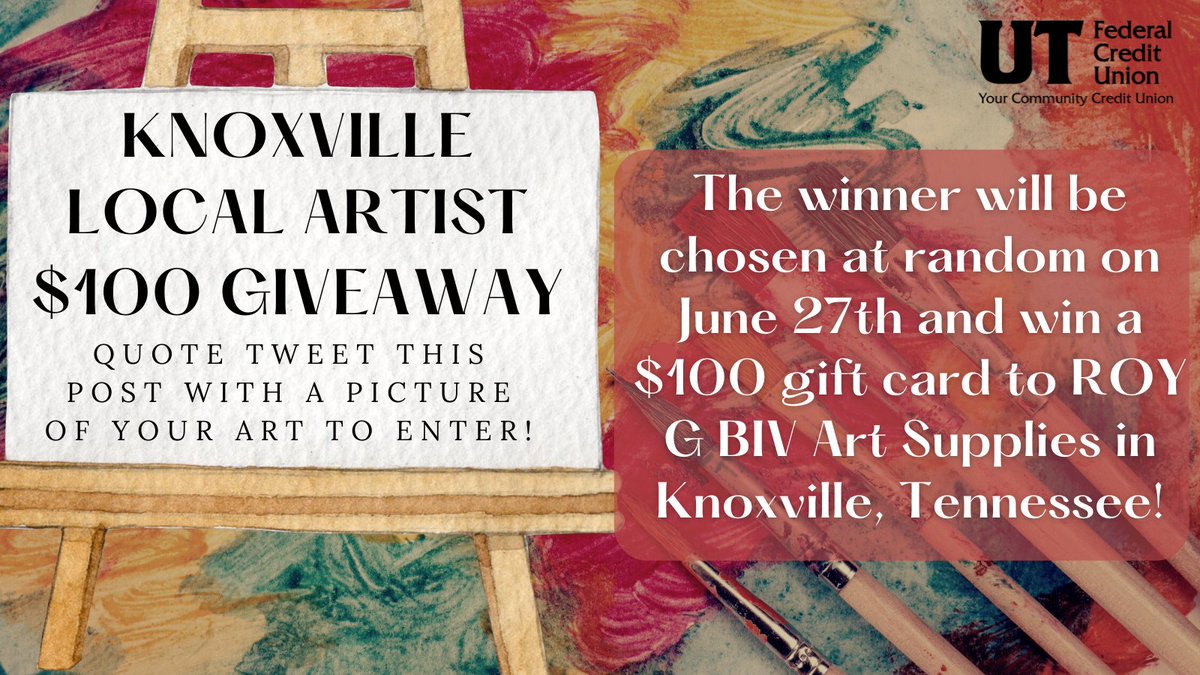 UTFCU's tweet photo. Attention local #artists! UTFCU is giving away a $100 ROY G BIV gift card to an artist in the #Knoxville area! To enter, Quote Tweet this post with an image of your #artwork! A winner will be chosen at random on 6/27! #Giveaway #SupportLocal #TennesseeArtists #utfcu https://t.co/qGOPxBSIgJ