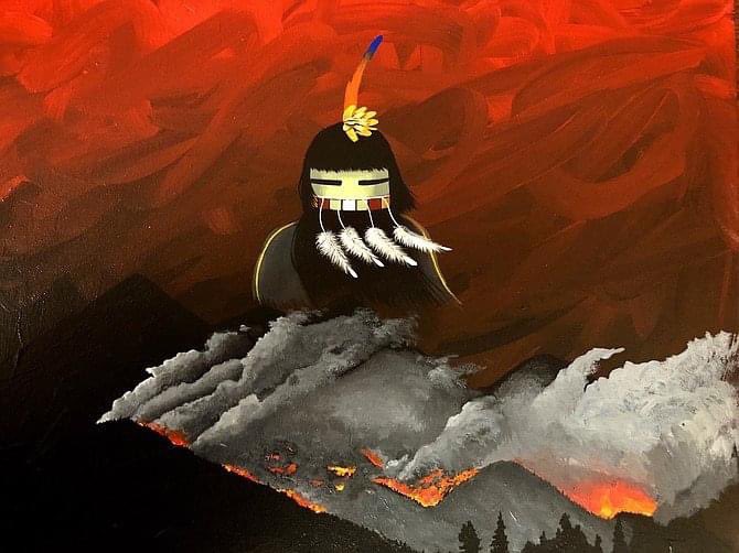 As the fire spreads across the San Francisco Peaks on sacred Native homelands we share this work by Duane Koyawena (Hopi).