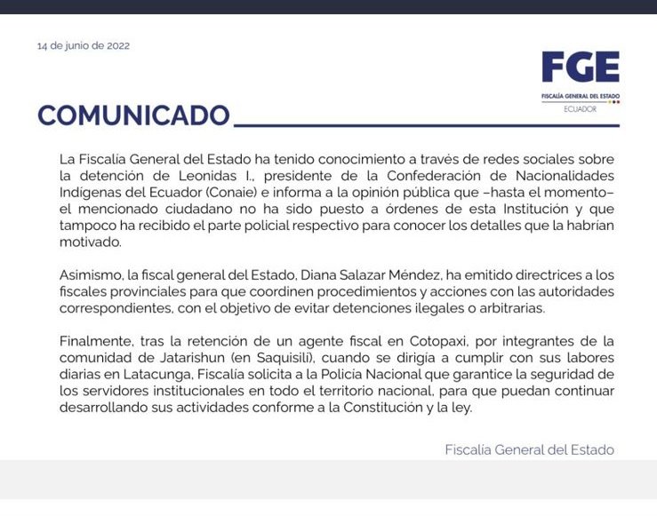 ODJEcuador's tweet photo. 🚨ALERTA| #ParoNacionalEC2022
 
Inconsistencias entre comunicados de @FiscaliaEcuador y @MinInteriorEc sobre la detención de #Iza. Fiscalía alega no haber recibido parte policial, mientras que MI señala que la Policía se lo entregó "en primeras horas" del día de hoy. https://t.co/wmyKzjGrAS