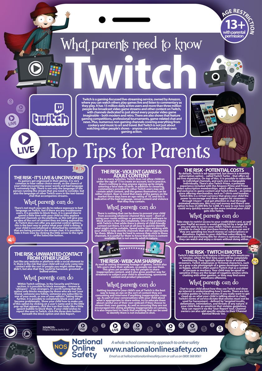 Parents/carers - not sure what Twitch is?@natonlinesafety have it covered for you…take a look below 👇 👍