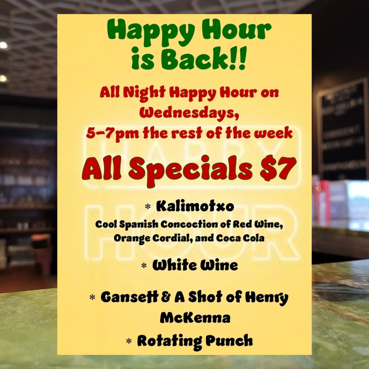 HAPPY HOUR IS BACK‼️ 5-7PM on Tuesdays, Thursdays, &amp; Fridays, &amp; ALL NIGHT on Wednesdays!