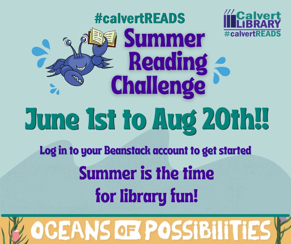 CalvertLibrary's tweet photo. The Summer Reading Challenge is up & swimming! The goal is to get to 2 million minutes by Aug 20th! Calvert Library invites friends of all ages to celebrate the joy of reading by joining #calvertREADS—it’s easy!
Sign up and start logging minutes today
https://t.co/vXfLovwkMI https://t.co/WNxFNI4u2h