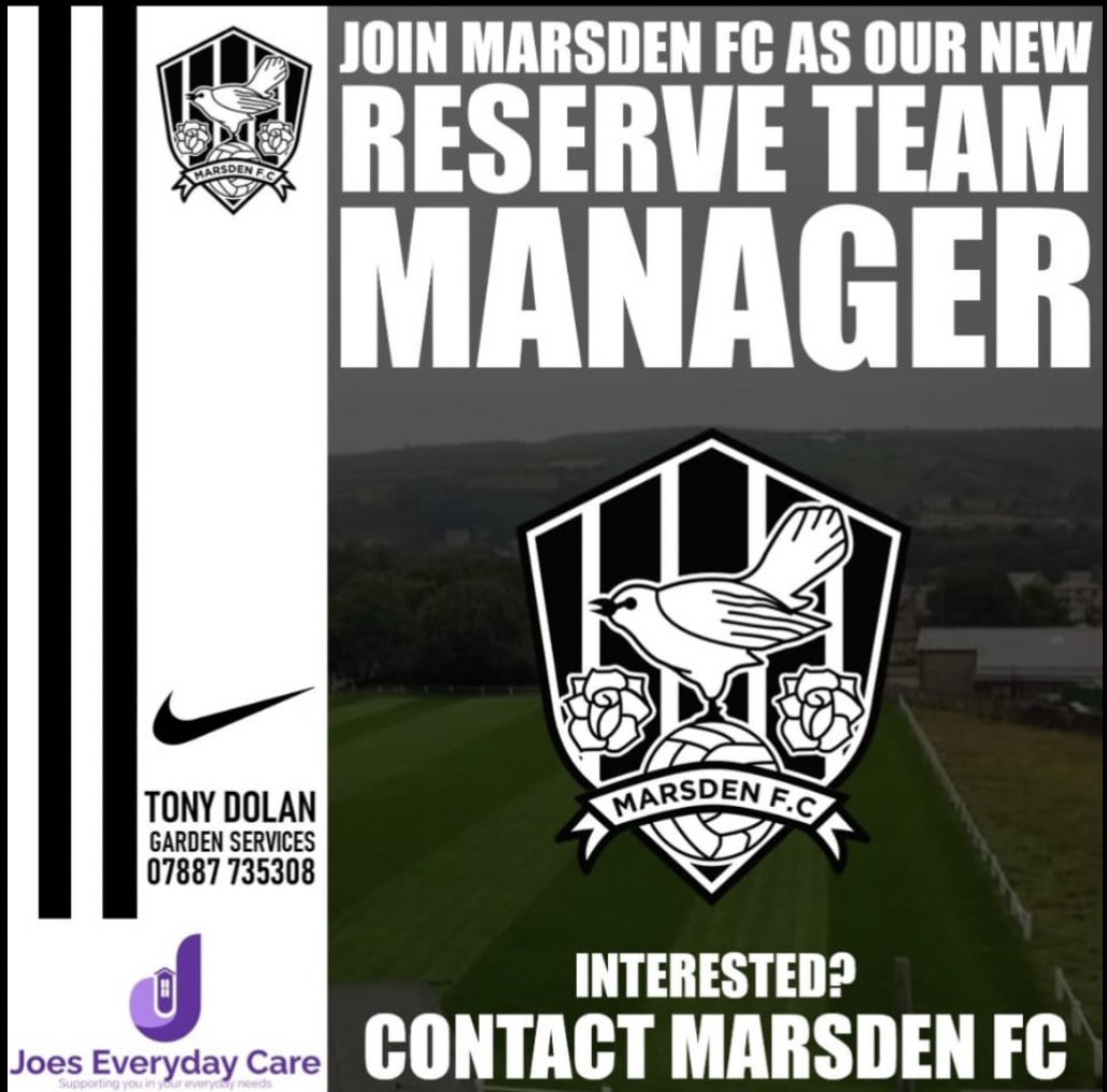 Marsden__FC's tweet photo. We are looking for a committed individual to run our reserve team at Marsden FC. This is a good opportunity for someone who wants to start their coaching pathway and work as a team with the current first team staff. DM us direct on here or alternatively contact @lhaighy1 
plz RT https://t.co/7Yb2tNEonl