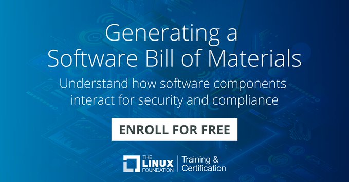 ProjectElisa's tweet photo. .@linuxfoundation's "Generating a Software Bill of Materials" online course can help reduce risk for organizations building software that uses #opensource components in only 90 minutes! https://t.co/EAJxdlfmf9 #linux #sbom #compliance #security @LF_Training #ProjectELISA #SBOMs https://t.co/BCfp19Qg3n