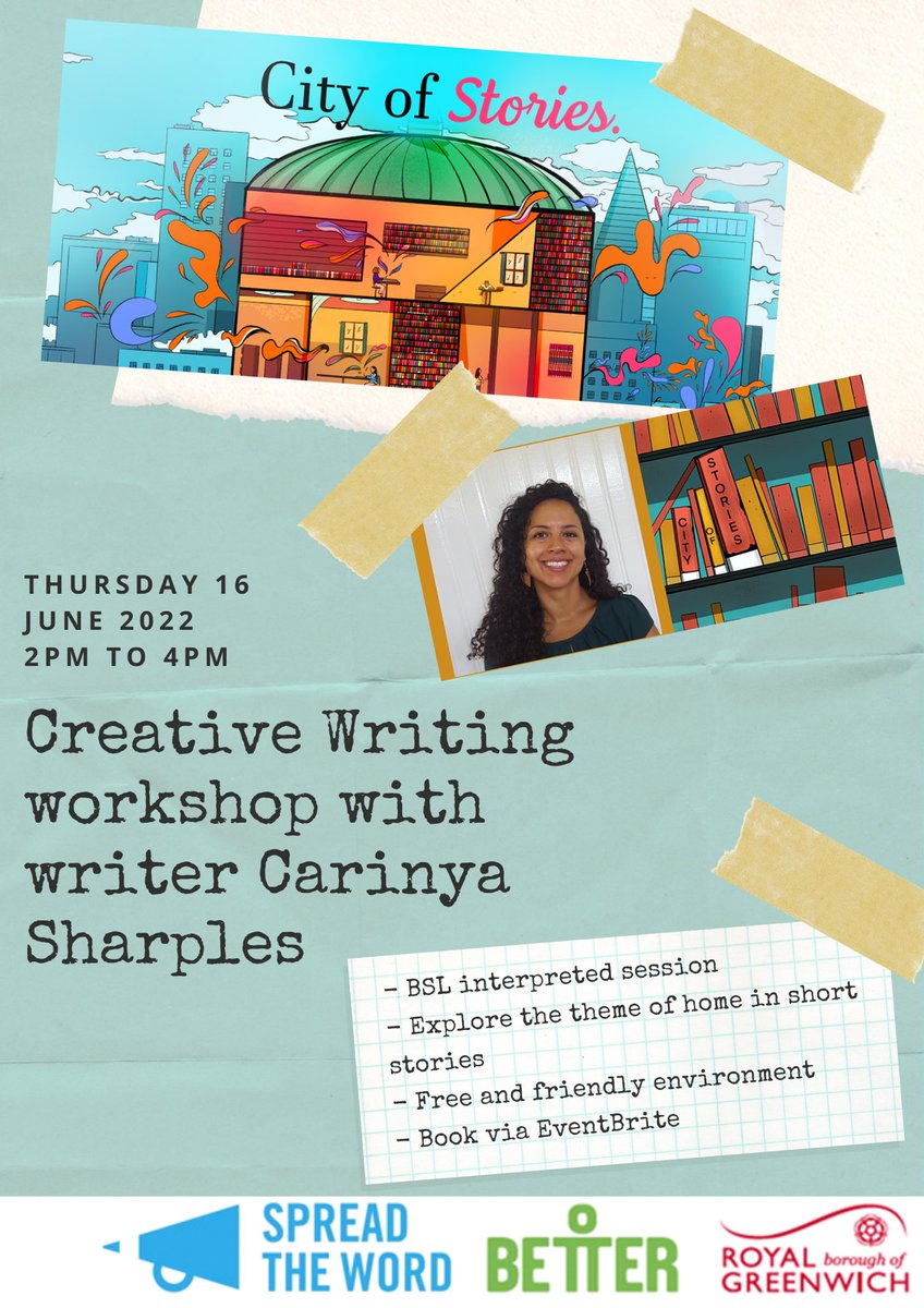 GreenwichLibs's tweet image. Join us for #CityOfStoriesHome at @ElthamLibrary this Thursday, 16 June. Thanks to @STWevents in partnership with @LDNLibraries for our #BSL interpreted creative writing workshop with @carinyasharples! 📚 Book your free place here: bit.ly/3mN2a71 @Royal_Greenwich