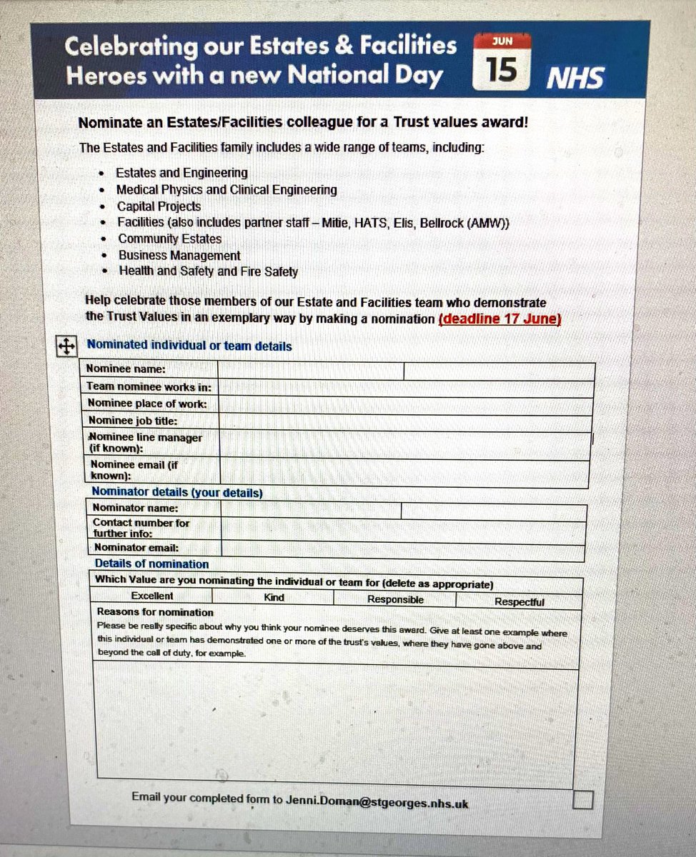 @StGeorgesTrust tomorrow is the first ever National Healthcare Estates & Facilities Day ! #HealthEFMDay Please nominate your E&F hero for a Trust Values Award !! The link is on the intranet & everyone including our partners teams can be nominated - a lovely way to say thank you🙏
