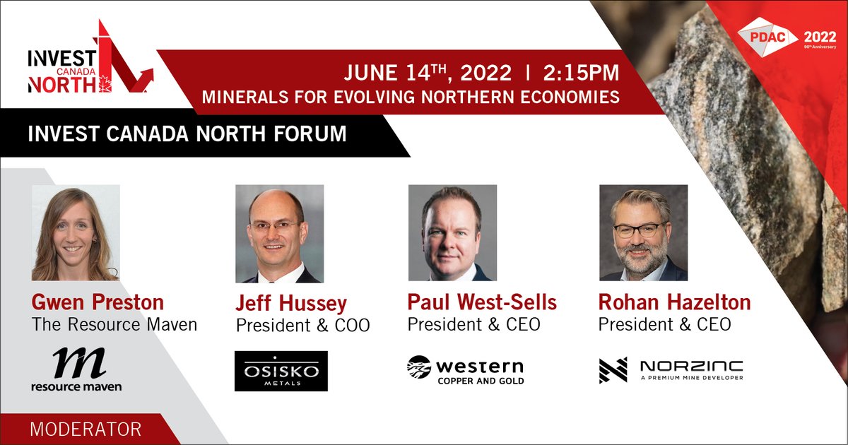 InvestCANorth's tweet photo. Minerals for Evolving Economies with Moderator Gwen Preston of the @miningmavengwen  will now be our last panel for this forum, with:

Jeff Hussey,  @osiskometals 
Paul West-Sells,  @westernCuandAu 
Rohan Hazelton, @NorZincLtd 

#PDAC2022 #EvolvingEconomies #InvestCanadaNorth ... https://t.co/0niZDmQCEo