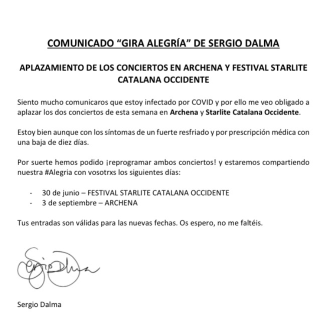 SDalmaoficial's tweet photo. Siento comunicaros que estoy infectado por Covid y por tanto no podremos realizar los dos conciertos previstos para esta semana.

¡Lo bueno es que hemos podido recuperar ambas fechas!

📍 30 de junio - @StarliteCatOcc 
📍 3 de septiembre - Archena

ℹ:  https://t.co/p4PXimiltv https://t.co/QQEYzNk9DP