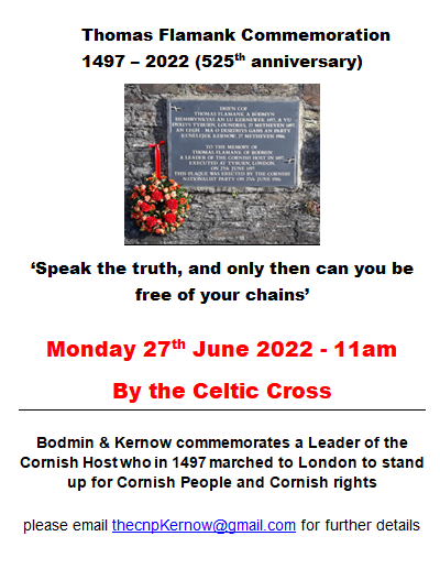 thecnpKernow's tweet photo. Its that time of year again, if you have half an hour to stand with us to remember Thomas Flamank, then please meet at 10:50am by the Celtic Cross in Higher Bore St Bodmin on Monday 27th June. Wreaths to be layed by the Town Mayor and guests
#Kernow #Cornwall #Angof #Flamank https://t.co/cy0r8QnO71