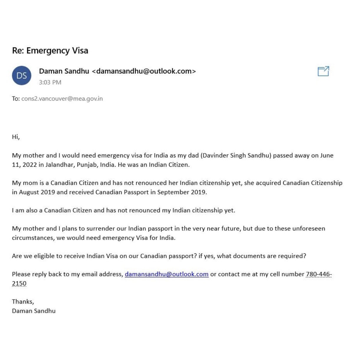 jd2weets's tweet photo. @MEAIndia 
Please help as no one is responding at Vancouver office to email from Daman Sandhu.
@cgivancouver https://t.co/fRegj1Bzzf
