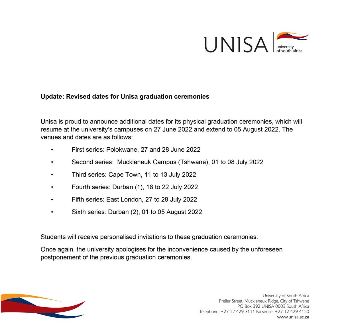 unisa's tweet photo. Update: Revised dates for Unisa graduation ceremonies. https://t.co/hSURNWA3qk https://t.co/zWy0tUqSqd