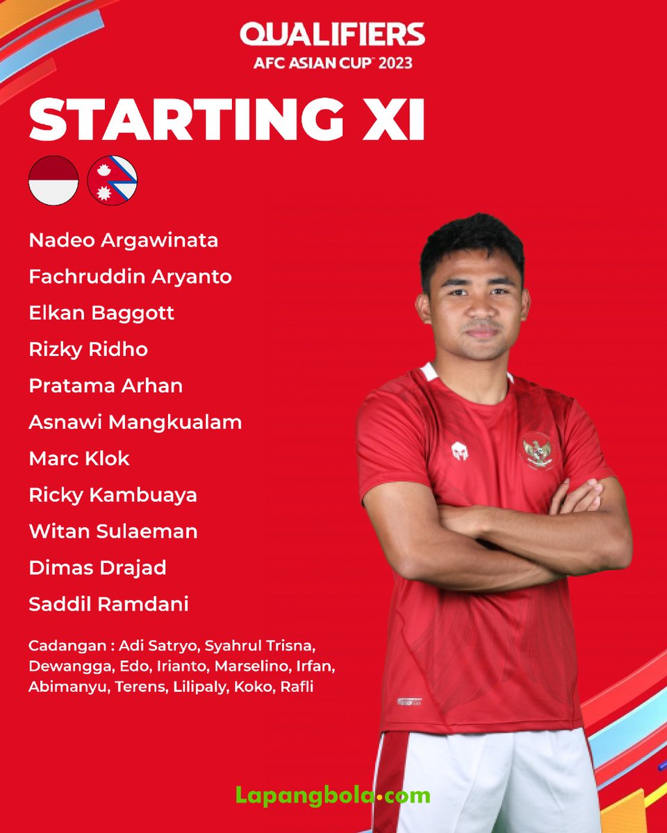 lapangbolastats's tweet photo. 11 pertama yang diturunkan untuk menghadapi Nepal pada pertandingan terakhir Kualifikasi Piala Asia AFC 2023.
#Lapangbolacom #LapangbolaStats #StatsYourGame #IndonesiaDay #TimnasIndonesia #AsianQualifiers #AFC #AsianCup https://t.co/3urNkuXVka