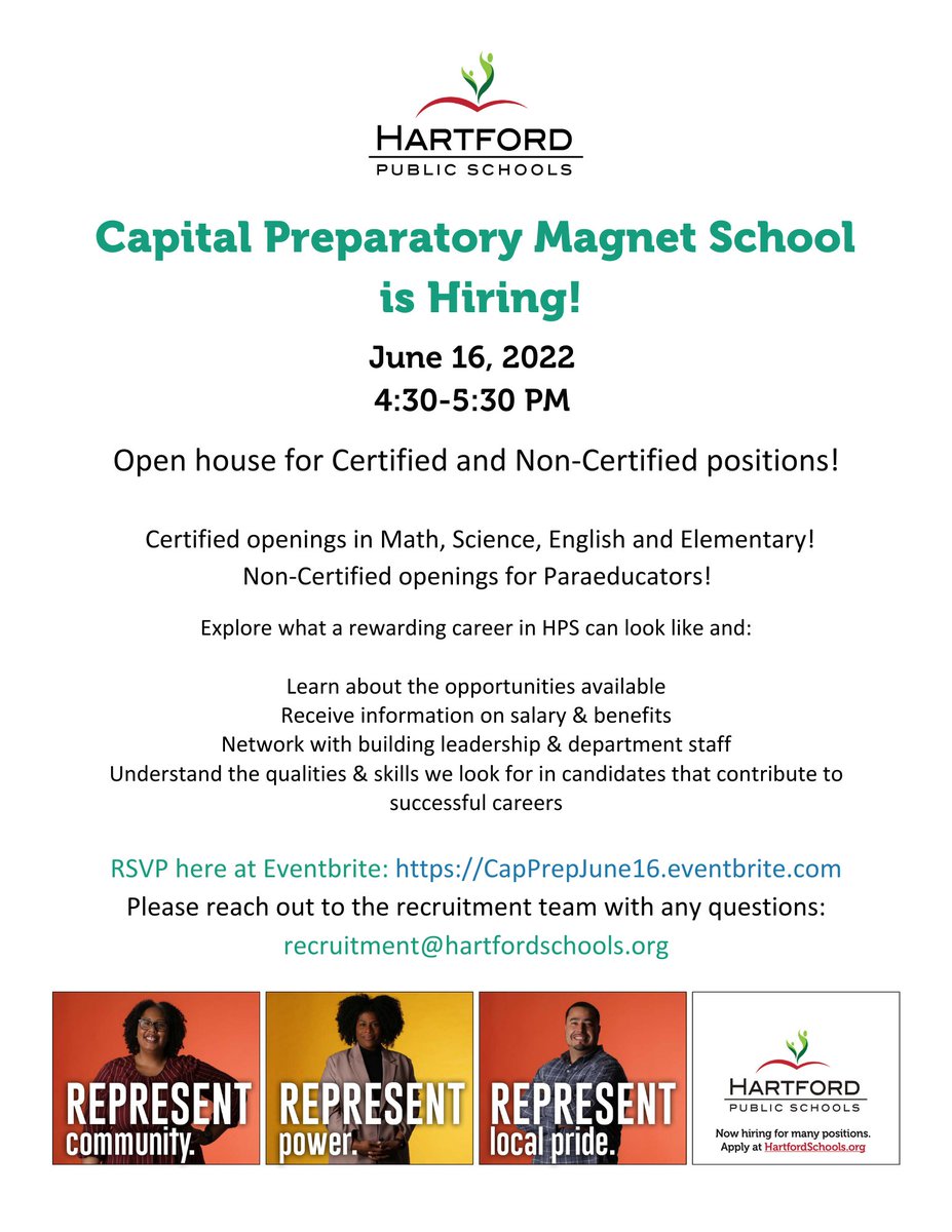 Recruitment_HPS's tweet photo. Capital Preparatory Magnet School is Hiring! Join us for a Virtual Open-House! Certified and Non-Certified roles available. Register at https://t.co/WBRwMwWLRP @Hartford_Public  #HartfordPublicSchools #HartfordIsHiring #HartfordHasIt https://t.co/hGYqMW6HtQ