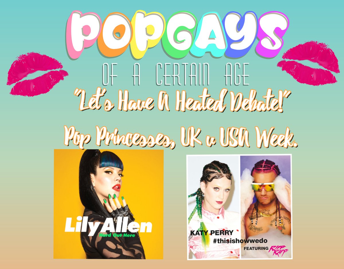PopGays's tweet photo. For our "Let's Have A Heated Debate" this week, we are pitting #popprincesses from the #USA & #UK against each other!
#tuesdayvibe belongs to these 2 tracks from #LilyAllen & @katyperry
Who will win? #popmusic https://t.co/rJa0uhPy9g