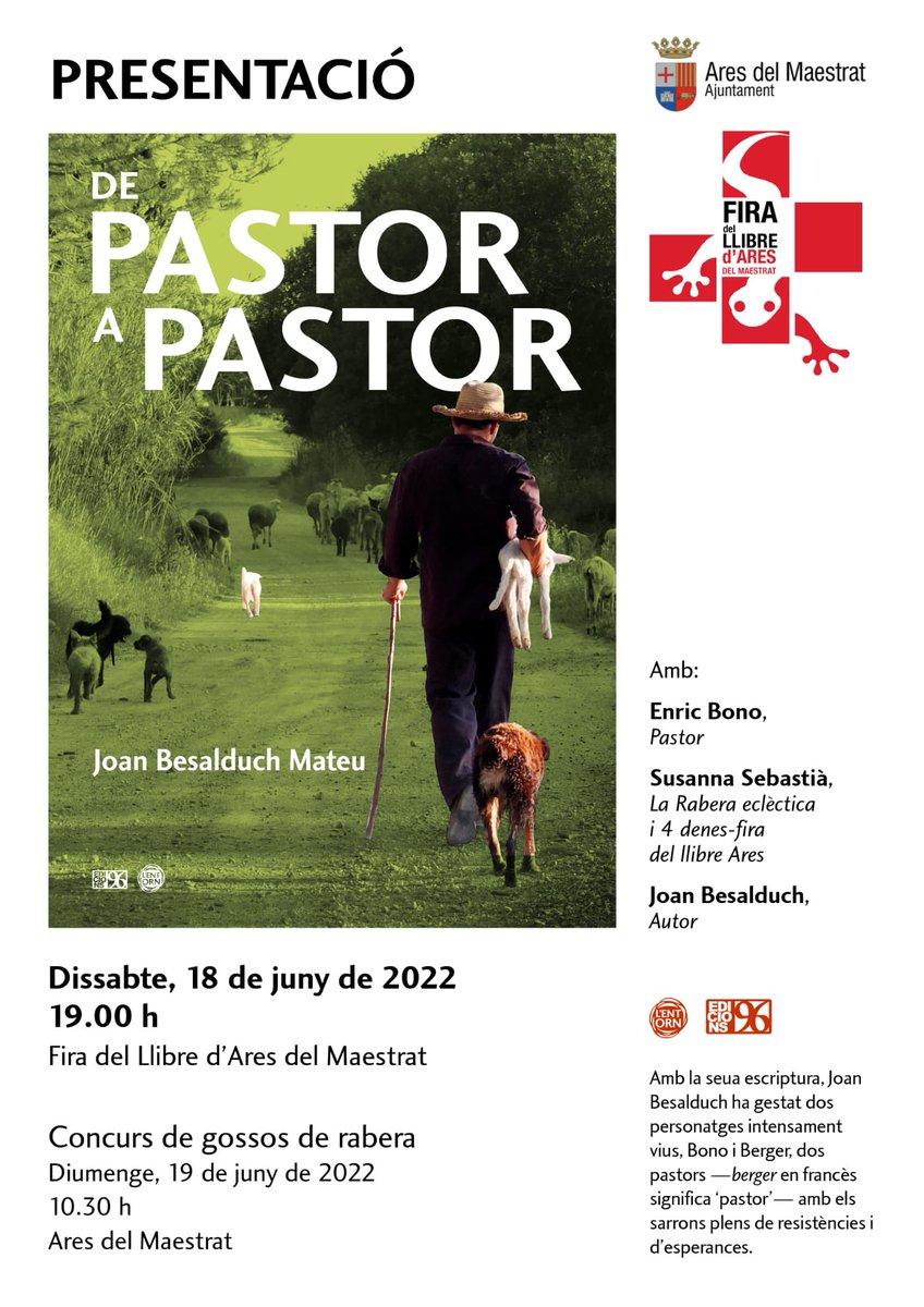 ARES DEL MAESTRAT. Dissabte teniu un ramal de la Fira del llibre amb la presentació ‘De pastor a pastor’, de Joan Besalduch Mateu. @les4denes @FiraLlibreAres