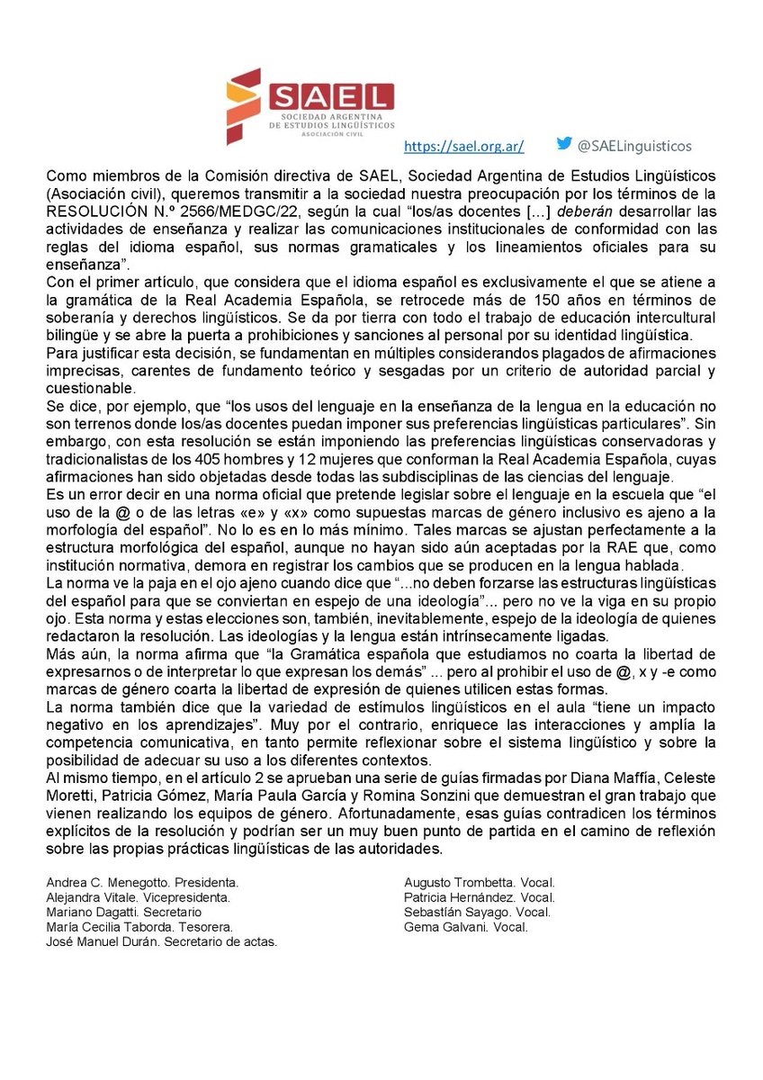 andretecno's tweet photo. Declaración oficial de SAEL, Sociedad Argentina de Estudios Lingüísticos, sobre la resolución de CABA y la obligatoriedad del idioma español. https://t.co/ZVDhJItjyV