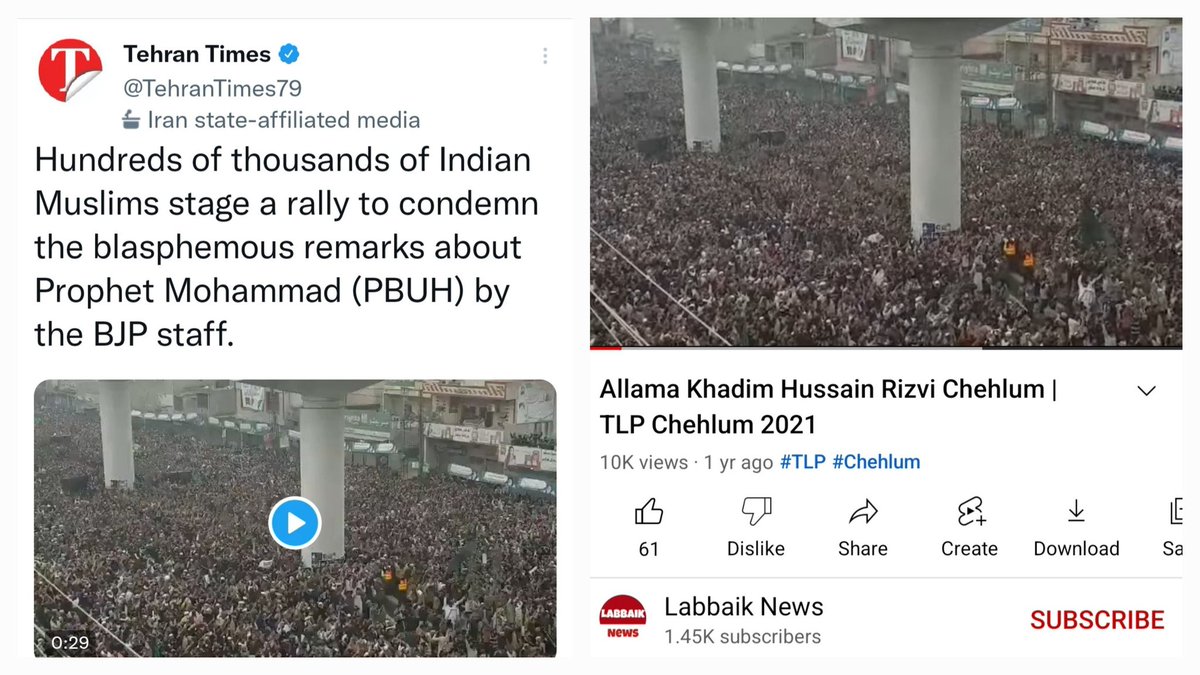AskAnshul's tweet photo. Iran media Tehran Times is reporting fake news to incite violence in India.

Fact is that this video is from Pakistan.

This video is of crowd gathered for TLP Chief Khadim Hussain Rizvi’s chehlum (ceremony held 40 days after his death in November 2020) in Lahore. https://t.co/CU7Vj5Eym8