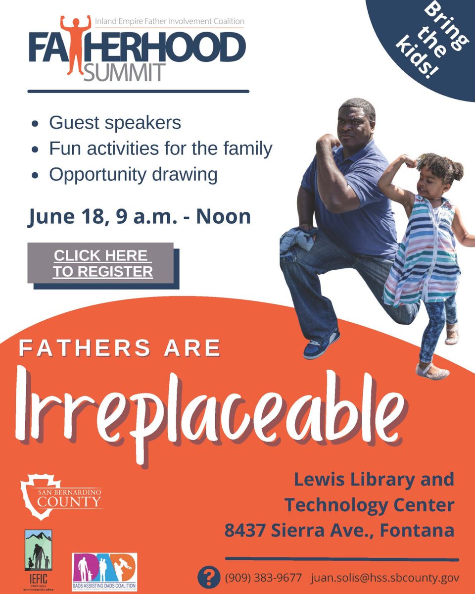 Please join us at the Inland Empire Fatherhood Summit on June 18 from 9am to 12pm at the Lewis Library.  Register for this free event at: eventbrite.com/e/inland-empir…