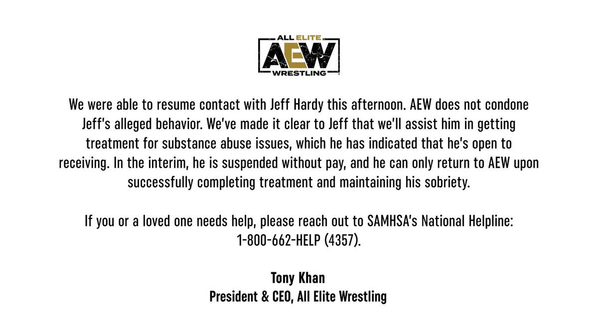 Tony Khan releases statement after Jeff Hardy was arrested Monday on three charges, including felony DUI.

Hardy has been suspended without pay and can only return "upon successfully completing treatment and maintaining his sobriety."