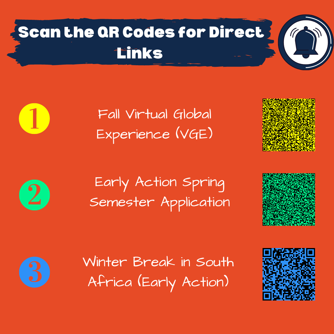 June 15th Deadlines Right Around the Corner! ✈📢 Here are the three deadlines coming up tomorrow:

1. Fall Virtual Global Experiences
2. Spring Semester Early Action Deadline
3. Winter Break in South Africa Early Action Deadline

Scan the QR Codes for direct links!