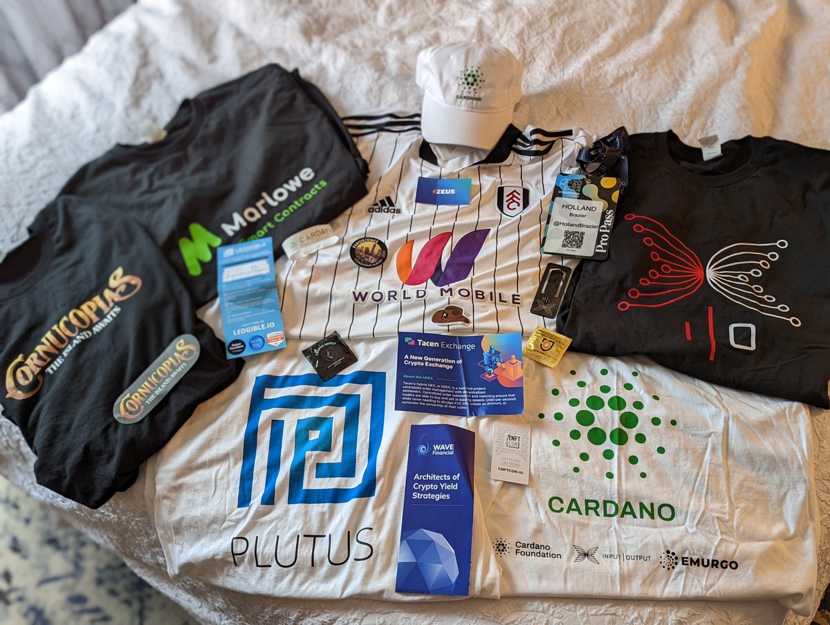 HollandBrazier's tweet photo. I left #Consensus2022 with a bag full of swag 😎
#Cardano
#IOG
#Worldmobile
#Plutus
#Marlowe
#Cornucopias
#Wavefinancial
#CNFTcon
#Zeuslogics
#Persistence
#Tacen https://t.co/OQZsol6xir