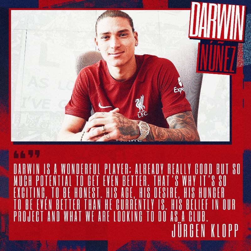 LFC's tweet photo. Jürgen Klopp is thrilled by the opportunity to nurture @Darwinn99’s talents, which he already considers to be ideally suited to the Reds 👏

#DarwinDay