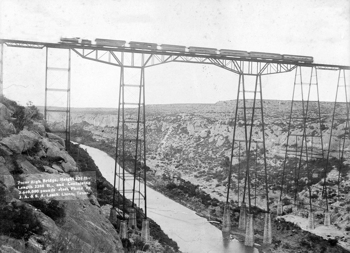 TracesofTexas's tweet photo. Holy moly! TOT reader Francis Reaves kindly shared this great circa 1895 photo of a train crossing the high bridge over the Pecos River near Langtry.   If you have a large computer monitor, check out the architectural details ... the underpinnings, the foundation/footings etc ... https://t.co/eCFNTqVEzQ