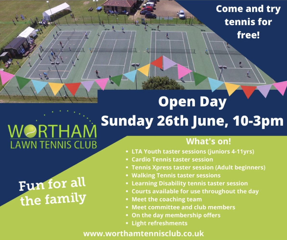 Come and try tennis for free at our Open Day on Sunday 26th June 10-3pm. 
Everyone welcome, with activities to suit the whole family!