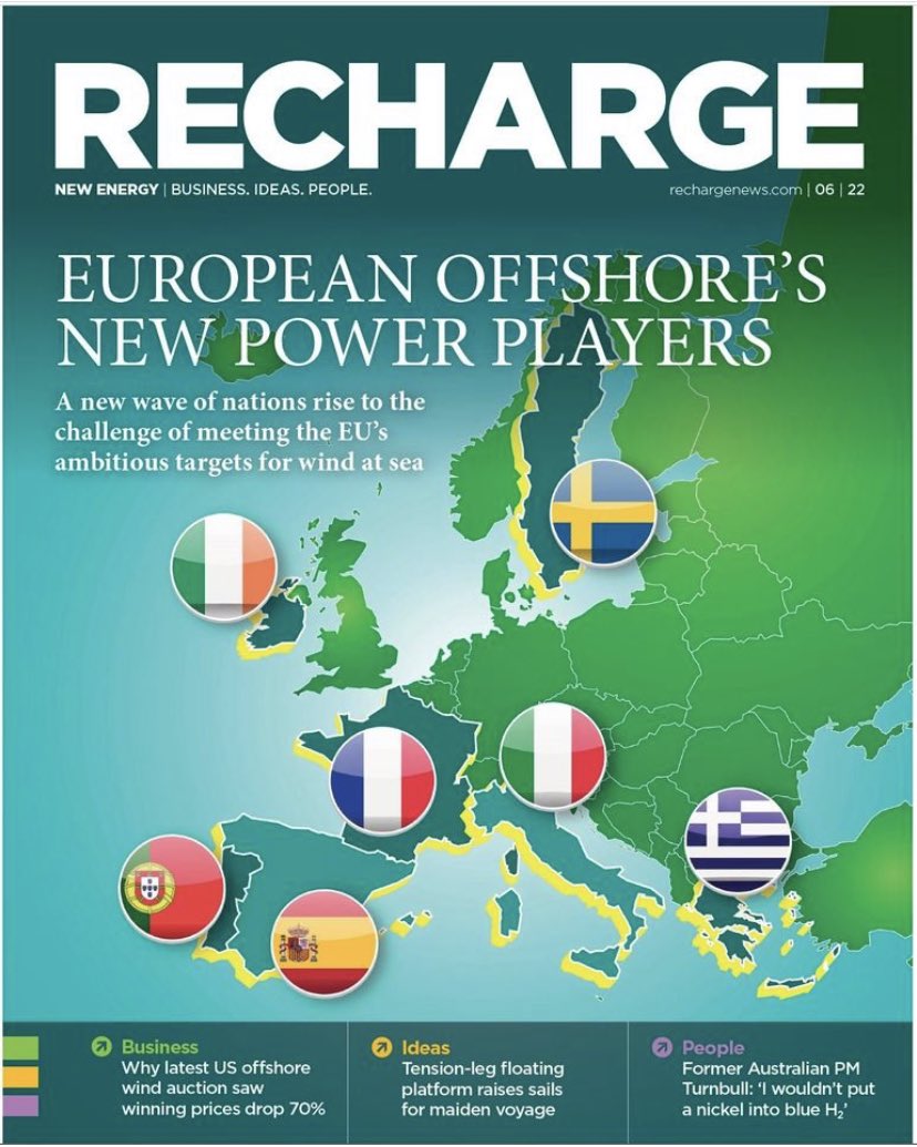 dariussnieckus's tweet photo. Sneak peek of the latest @rechargenews mag - online tomoro at https://t.co/wpOp6zjJg5, on desks next week & w/ special circ at @RenewableUK #GOW22 21-22 June | @WindEurope @WFO_global @offshorewindus @ScotRenew #offshorewind #energy https://t.co/6n4cGZW3Nj