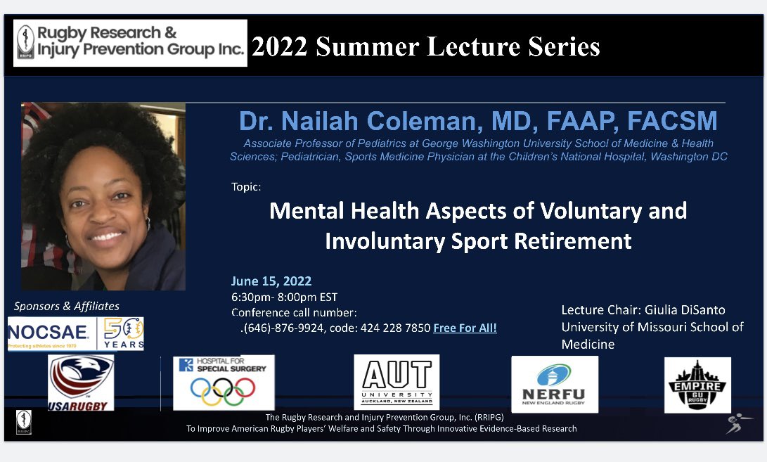 rripg's tweet photo. For week 3 of #SLS2022 at #rripg, we are #honored to host Dr. Nailah Coleman #MD #associateprofessor of #pediatrics at @GWSMHS #sportsmedicine #physician at the @ChildrensNatl to present “Mental Health Aspects of Voluntary and Involuntary Sport Retirement”. @rripg #rugby https://t.co/L3FY4RQIXQ