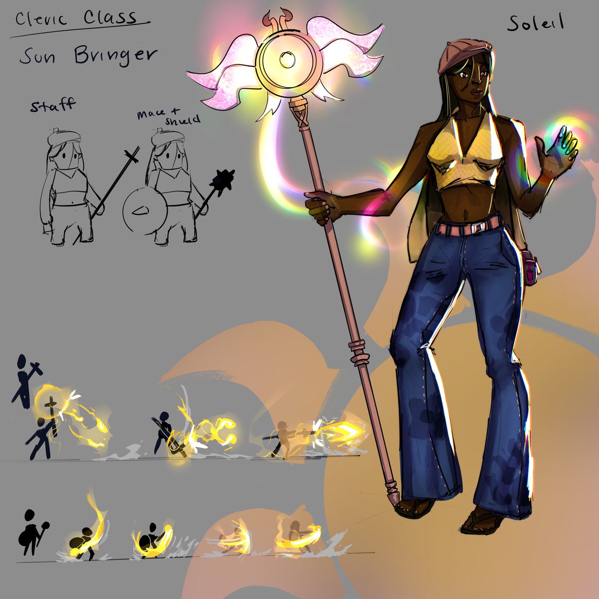 AyoArkeus's tweet photo. My first art tweet! This was for a discarded game project, the idea being a groovy rogue-lite. I sketched some concepts for some of the playable characters classes. It was my first time really doing the 2D style of VFX for their basic attacks. But gotta try to improve! https://t.co/WzuLvbuYl2