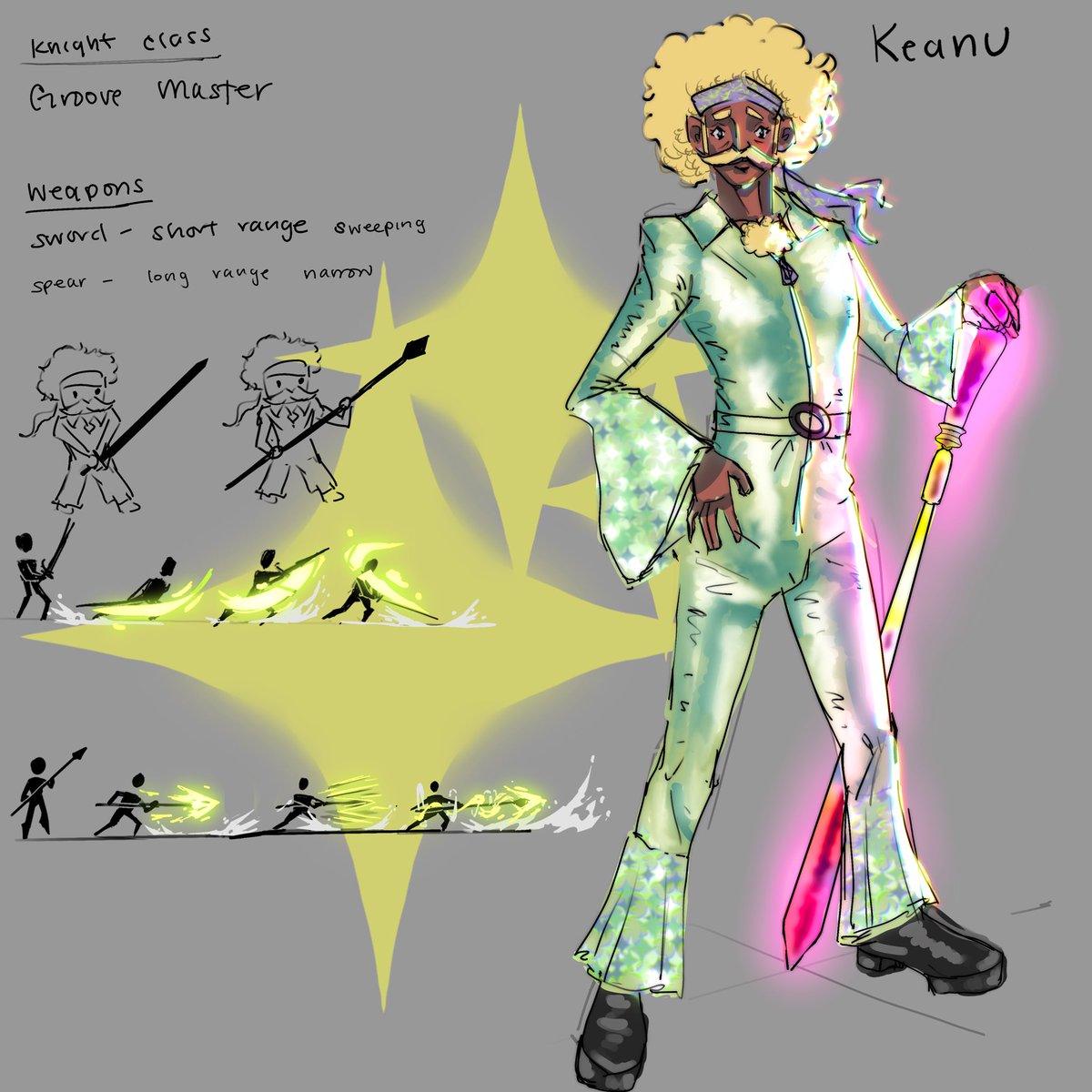 AyoArkeus's tweet photo. My first art tweet! This was for a discarded game project, the idea being a groovy rogue-lite. I sketched some concepts for some of the playable characters classes. It was my first time really doing the 2D style of VFX for their basic attacks. But gotta try to improve! https://t.co/WzuLvbuYl2
