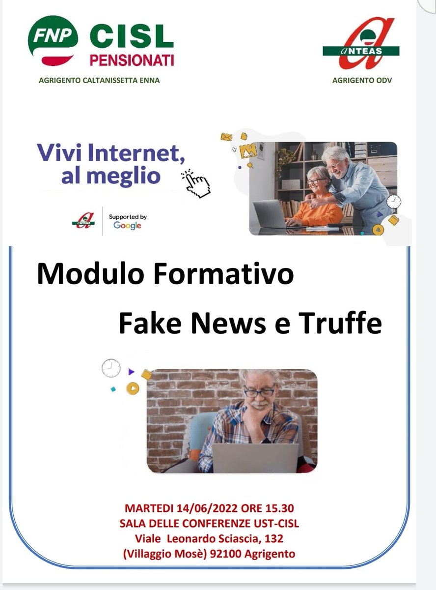 fnp_ag_cl_e's tweet photo. Modulo formativo FAKE NEWS TRUFFE 
Il nostro obbiettivo è aiutare i pensionati a vivere il web e la tecnologia responsabile,apprendendo i principi di base della cittadinanza digitale della sicurezza online
@samontalbano49 @FnpCisl @FNPCISLSicilia @emiliofedele78 @anteasnazionale https://t.co/M1sPd3P0gV