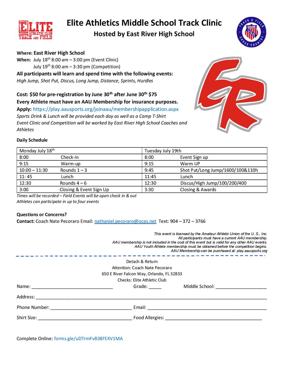 ERHS_Falcons_TF's tweet photo. @ER_Athletics @CornerLake_OCPS @wedgefieldk8 @TSMS_OCPS @Discovery_MS @AvalonMiddle @LegacyMS_OCPS @arborridgek8 @UnionParkMS 
We will be hosting a Track Clinic for middle school athletes with Elite Athletics on July 18th &amp; 19th. 
Registration: https://t.co/3EcI00Bto9 https://t.co/3MKkkgjYJI