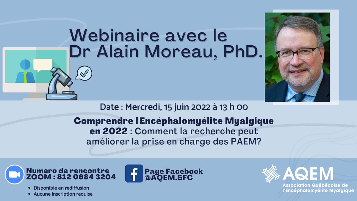 Ne manquez pas le webinaire avec le Professeur et chercheur Alain Moreau, PhD.🔎🩺 Comprendre l'#EMSFC en 2022!

Ce mercredi 13h! Ouvert à tous : sur ZOOM & en FB Live sur la page de l'AQEM