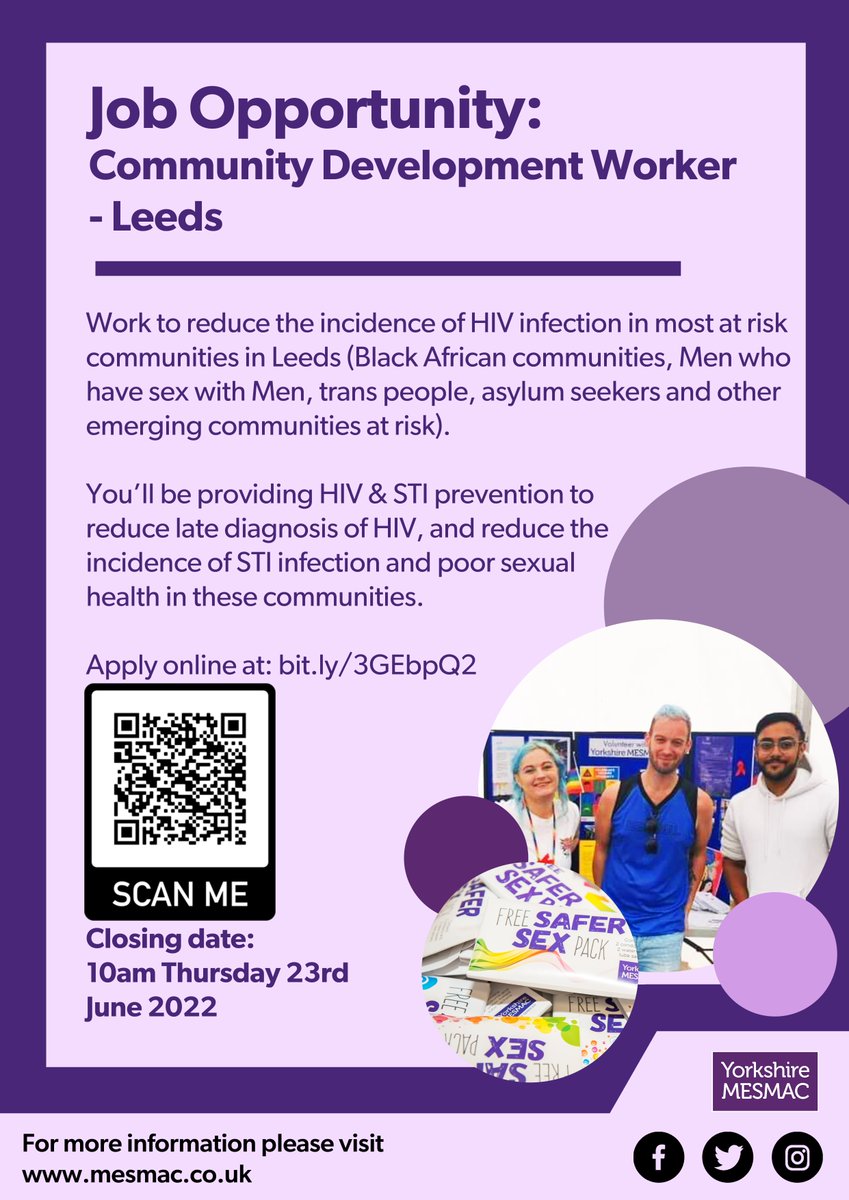 mesmachealth's tweet photo. An exciting opportunity to join the team in #Leeds working to reduce late diagnoses of #HIV, and improve sexual health knowledge across the city

Apply here 👉 https://t.co/z7UQG3x5IX

Closing date: 10am 23rd June

#CharityJobs #CommunityDevelopment #LeedsJobs https://t.co/WGrHKUUF3X