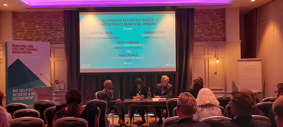 Fascinating session, ACS Pooled Securities. Alex Younger @NorfolkCC with Mark Solomon @rgrdlaw won a legal case on behalf of scheme members. Sarah Wilson @minerva_ESG emphasises importance of being actively paware of how proxy voting is changing. Chaired by @ThePLSA @NigelPeaple