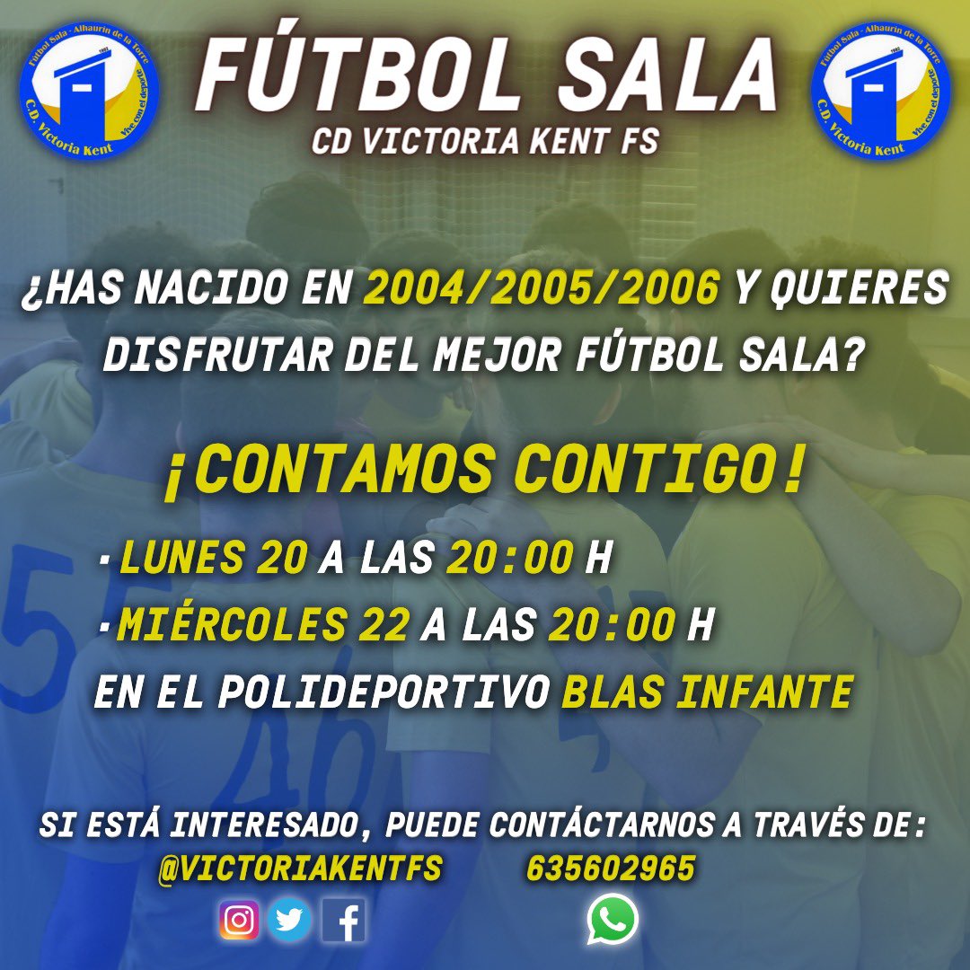 🚨¿Has nacido en 2004/2005/2006 y quieres disfrutar del mejor fútbol sala?
¡CONTAMOS CONTIGO!
•Lunes 20 a las 20:00h
•Miércoles 22 a las 20:00h
En el polideportivo Blas Infante‼️
