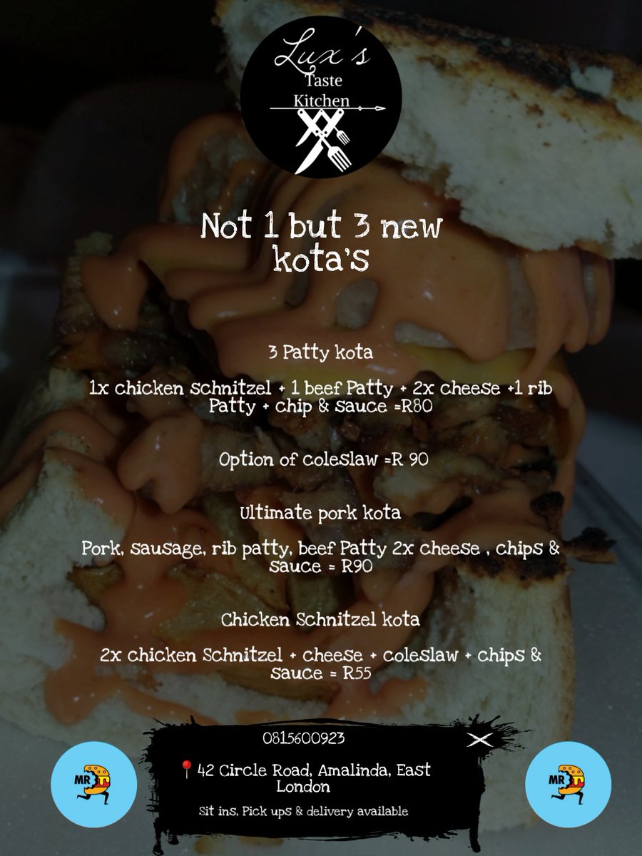 Lux_Jita's tweet image. Hey guys in or around East London for the best Kota around do try us out.

Please RT for awareness

Sit ins, pick ups and deliver available

@TakaTina1 @Yanga_Co @Fikz_the_Cook @bcmtourism @OfficialBCMM @HustleDjsbu @djsbu