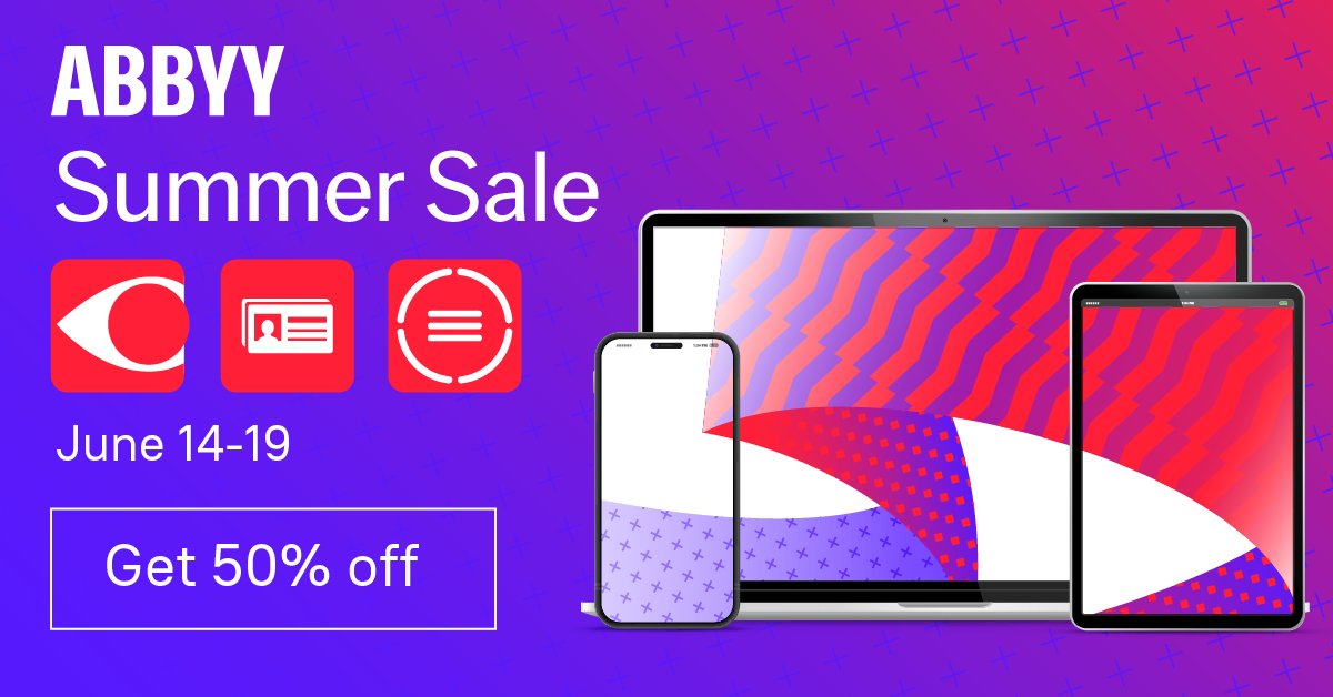 ABBYY_Software's tweet photo. Get 50% off on the Unlimited Premium version of our text recogniser and translator TextGrabber during the ABBYY Mobile Summer Sale (ends Sunday!). Install the app, go to the in-app store and purchase it at half the price! https://t.co/lk460aBhub
#abbyymobile #textgrabber https://t.co/d8eS1OgK1y