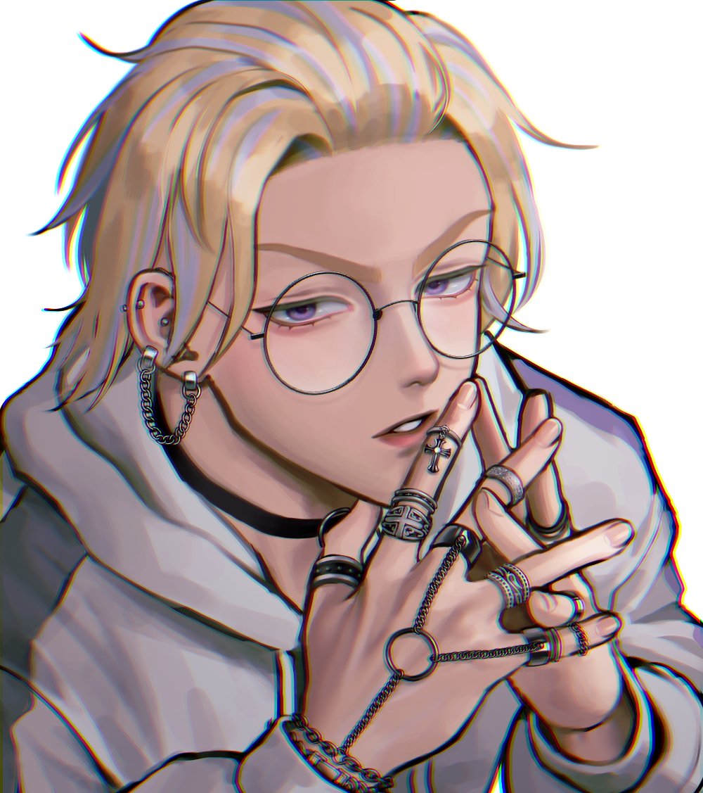 jewelry ring 1boy blonde hair male focus purple eyes solo  illustration images