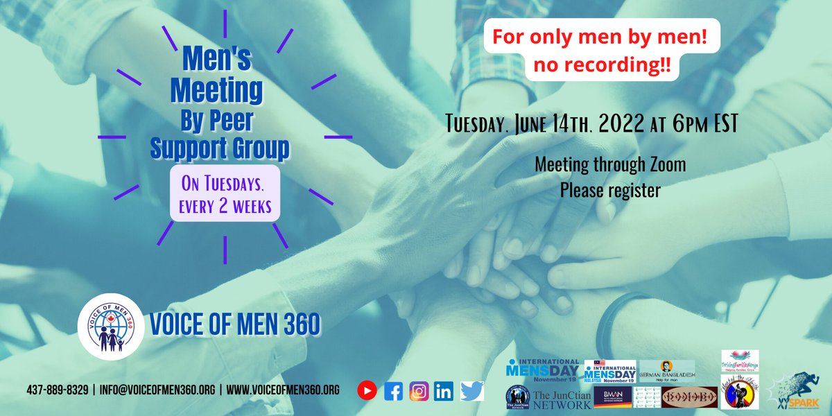 VoiceofMen360's tweet photo. Men's Meeting by Peer Support Group
For only men by men! No recording!!
https://t.co/0EcZ1RC9mY
#LdnOnt #men #mensmeeting #peersuport #mensmentalhealth #menswellbeing #mentalhealth #mensmentalhealthmonth #helpingmen #supportingmen #voiceofmen360 #VoM360 https://t.co/NEoS38OmGO