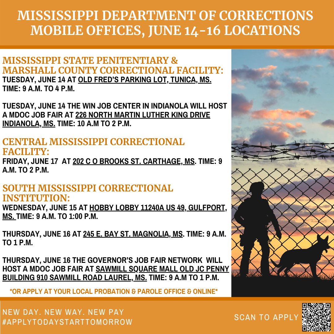 We are HIRING across the state starting today so stop by one of our mobile offices to fill out an application and hear about all the benefits MDOC has to offer! #newwaynewdaynewpay #newmdoc