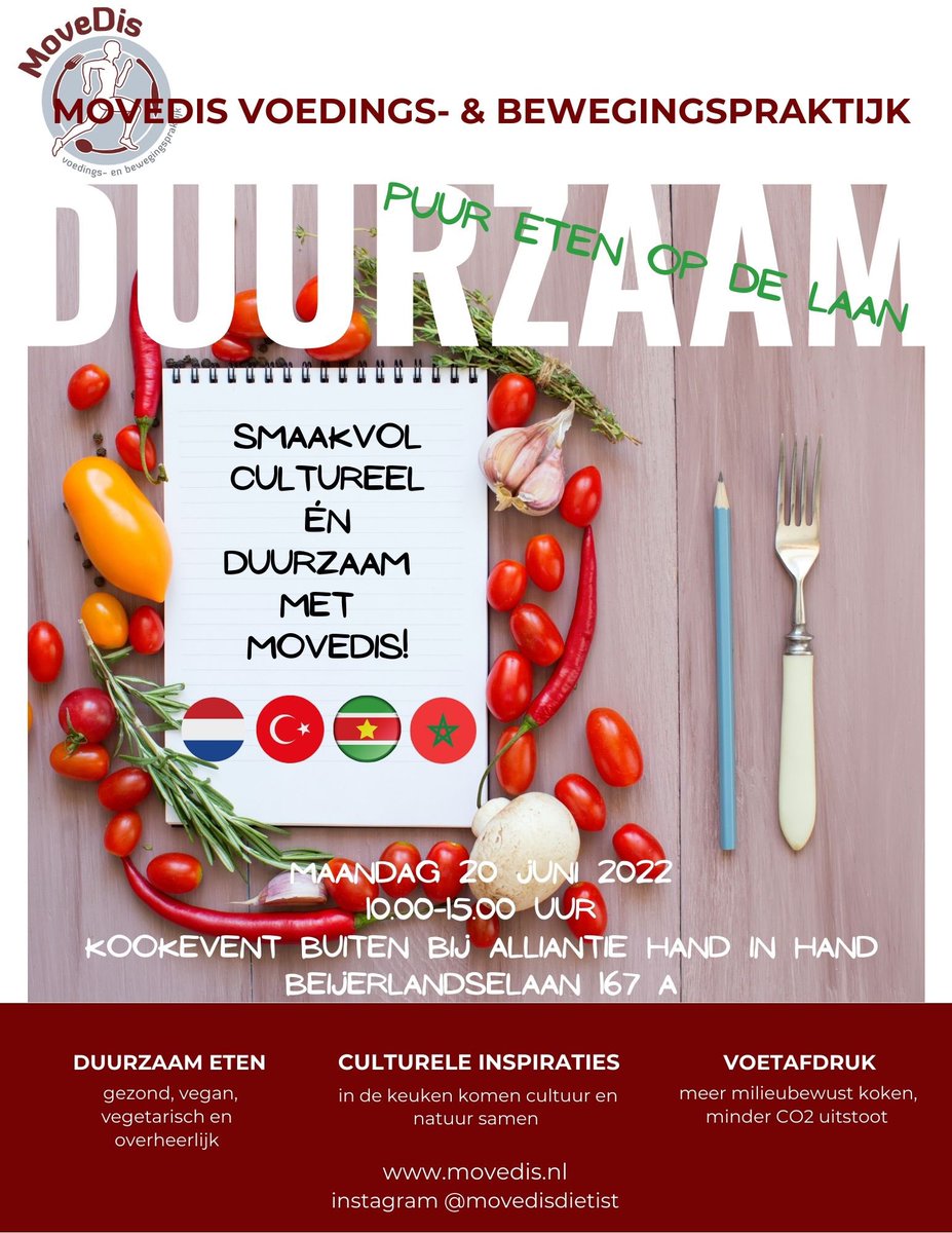Op 20-6 is van 10.00-15.00 u. het kookevent “Puur eten op de Laan”. Drie groepen van vijf deelnemers krijgen een inleiding over duurzaam eten, een supermarktsafari en bereiden een gerecht dat we samen opeten. Recepten krijgen ze gebundeld in een boekje. Info whatsapp 06-28259109.