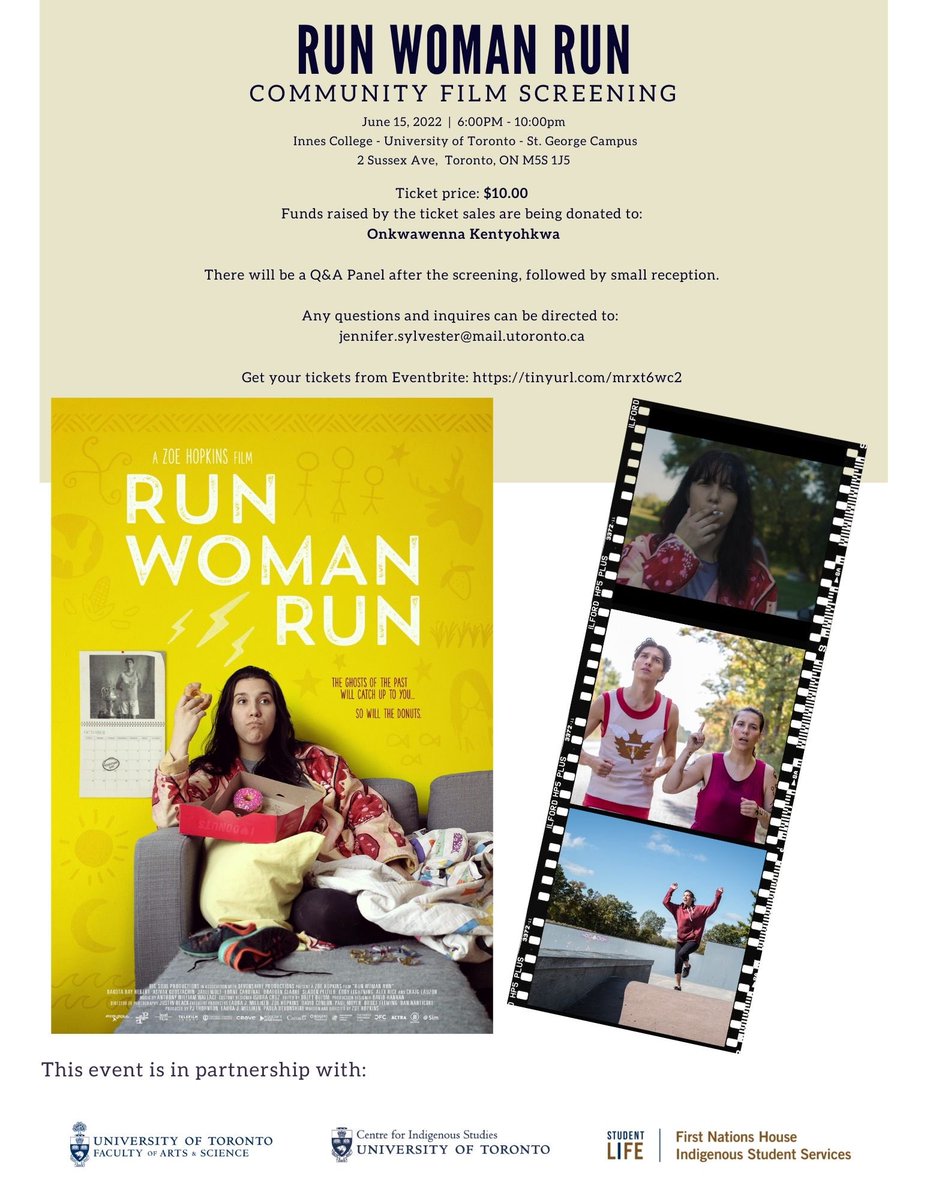 #RunWomanRun screening Tomorrow!! June 15th at <a href="/innistownhall/">Innis Town Hall</a> Film, panel discussion and reception to follow.
Get your tickets for the Screening from Eventbrite: tinyurl.com/mrxt6wc2 $10.00

#UofT students reach out to us for tickets.