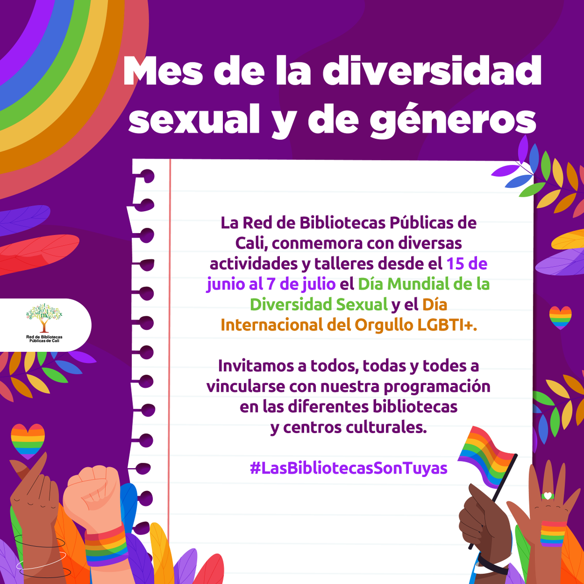 redbiblio_cali's tweet photo. La Red de Bibliotecas Públicas celebra el mes de la diversidad sexual y de géneros con una agenda que  incluye conversatorios con autores de la comunidad LGBTIQ, teatro y talleres de literatura. 

#LGBTBI+ #diversidadsexual #diversidadsexualydegenero #diversidadsinfronteras https://t.co/uIwHcPZ5wz
